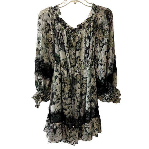 NICHOLAS Silk Evergreen Floral Dress Off the Shoulder Bell Sleeves Whimsigoth - Picture 5 of 16